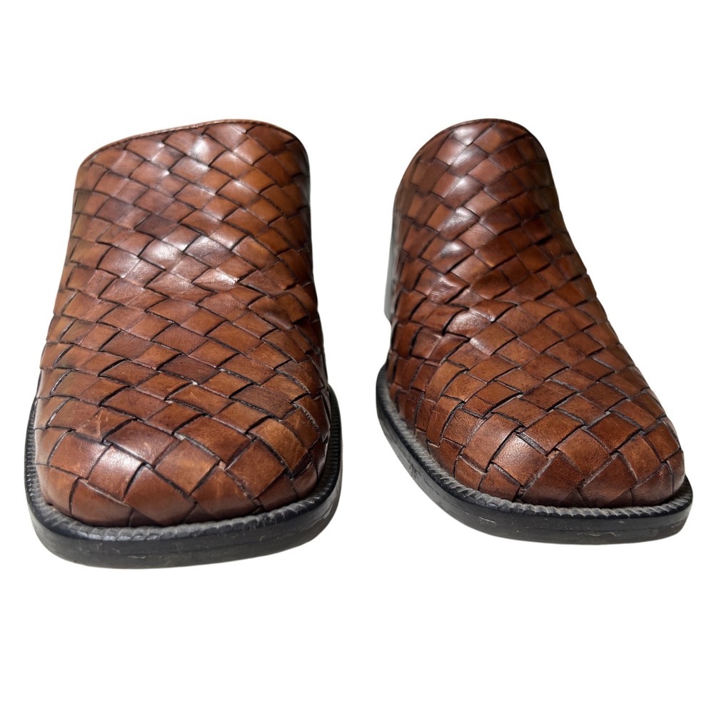 Vintage Woven Leather Block Heel Mules Square Toe Brown Nicole 7M